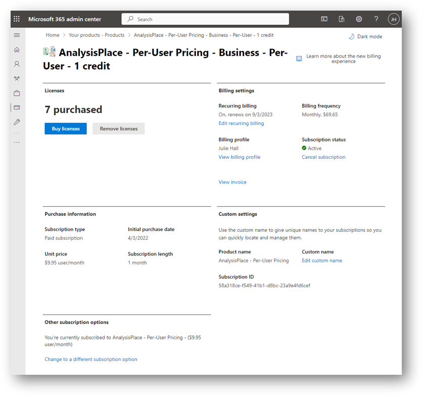 Change Microsoft Marketplace Subscription