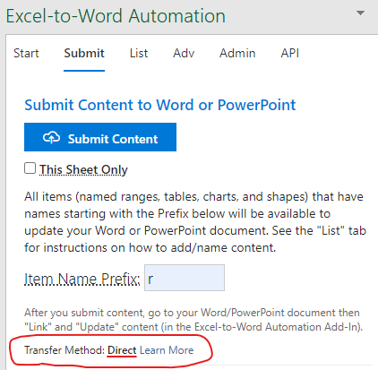 Transfer Method type as shown through the add-in