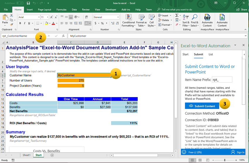 Excel screenshot showing 3 steps to create text links in Excel